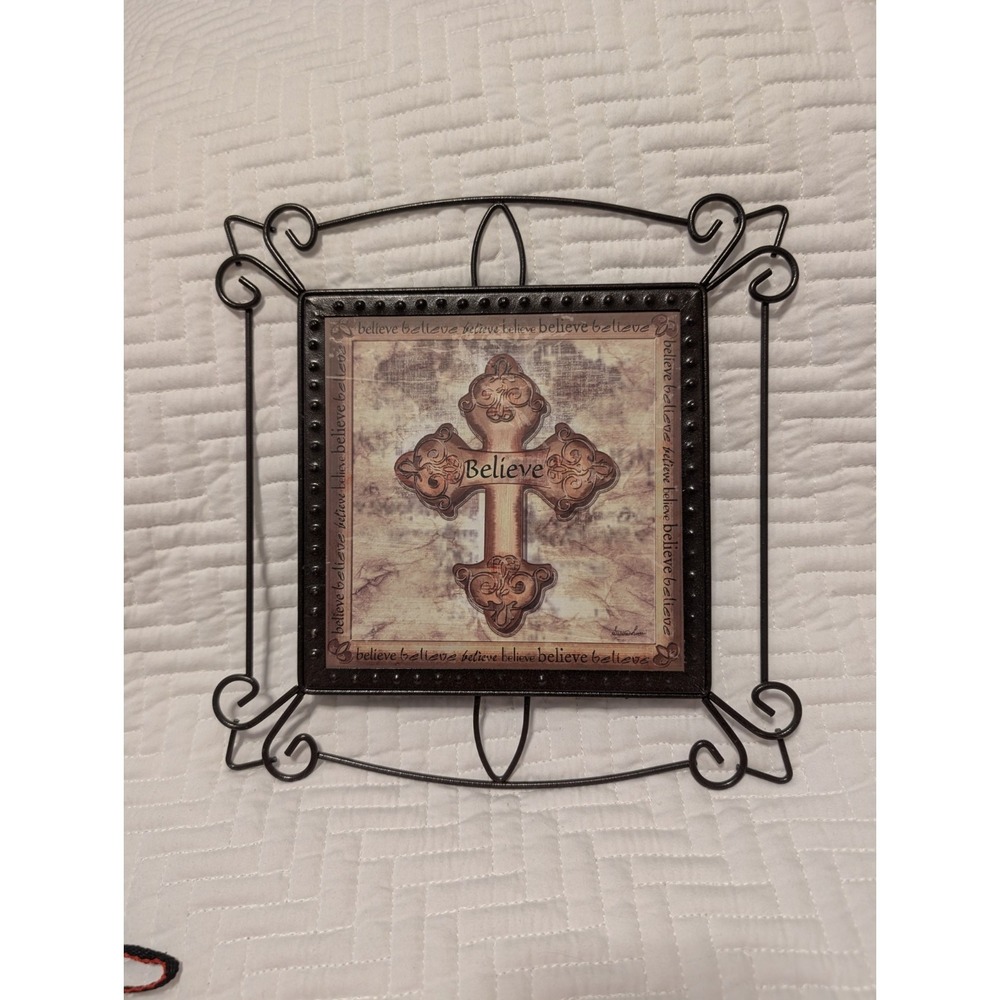 Believe Cross Wall Decor Metal Scroll Frame Religious Inspirational Plaque Rusti